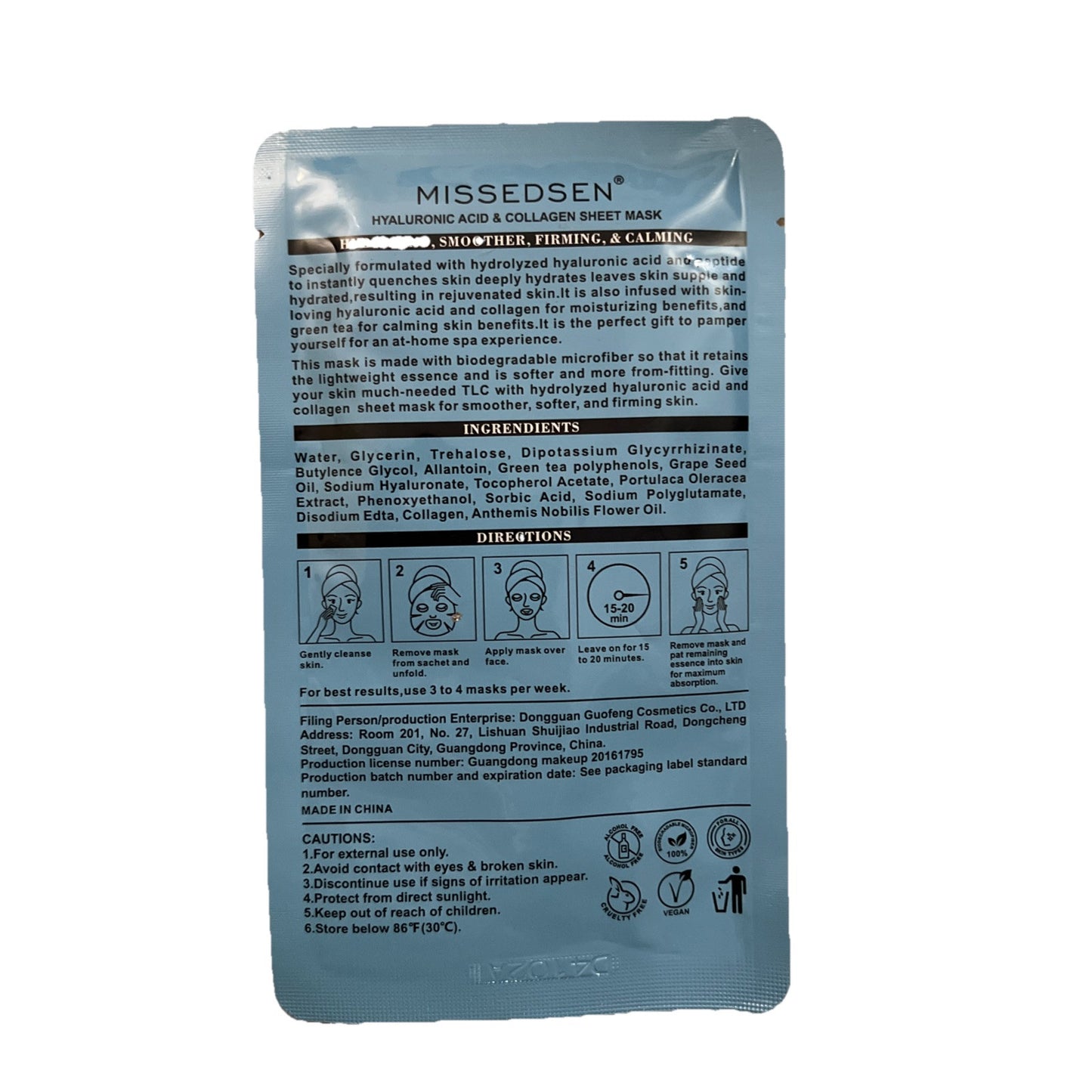 Hyaluronic Acid & Collagen Sheet Mask, Hydrating - MissedSen