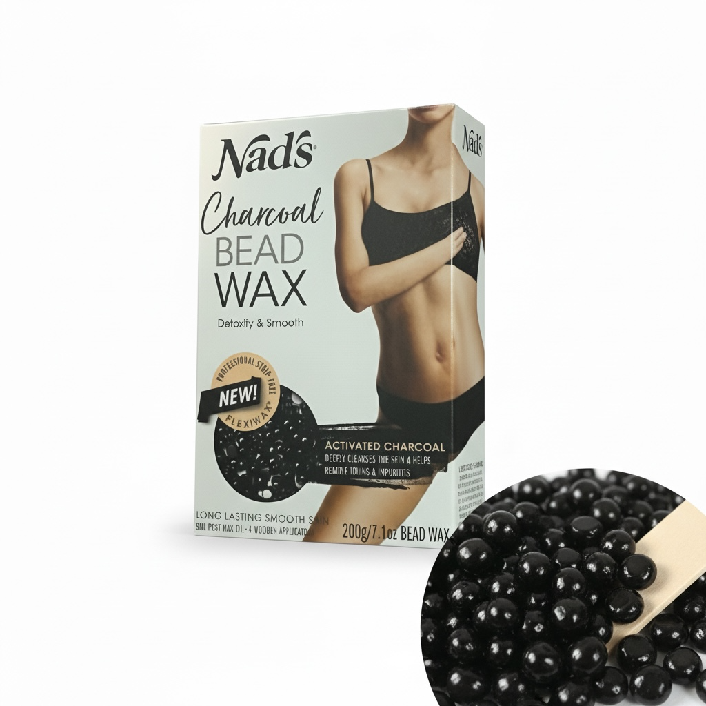 Box of Nad's Charcoal Bead Wax with black beads on a white background
