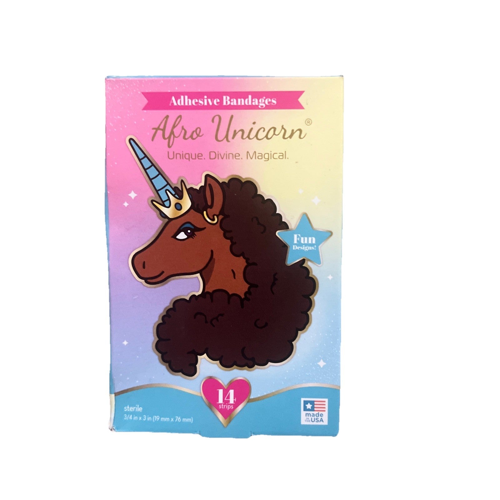 Adhesive bandages with a unicorn design on a colorful packaging