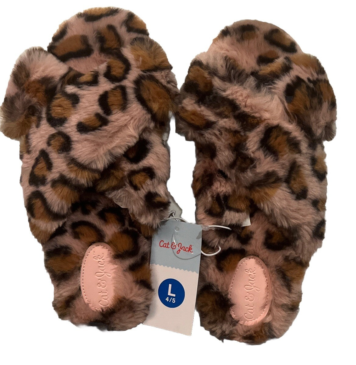 Cat & Jack Brooklyn Crossband Slipper Leopard Large 4/5 Cozy Fleece Open-Toe