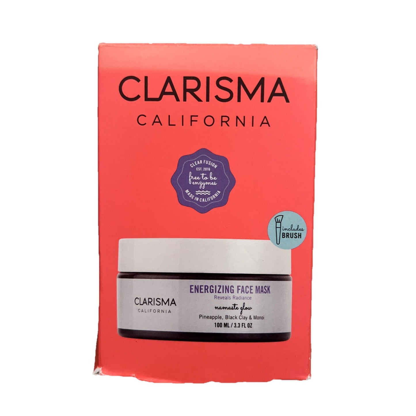 Clarisma California face mask packaging with a red background