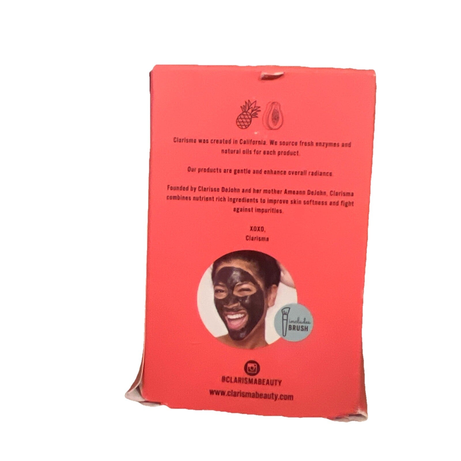 Red packaging of Clarimana beauty product with text and branding on a white background