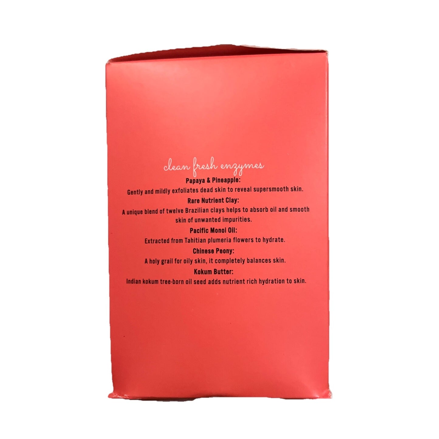 Red packaging with white text on a white background