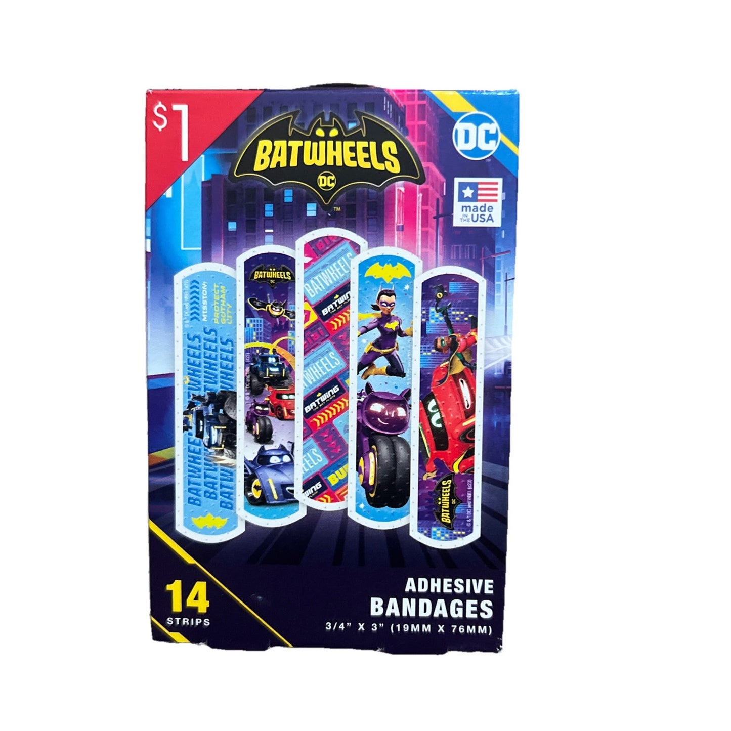 Pack of Batwheels DC adhesive bandages with colorful packaging featuring the Batwheels logo.