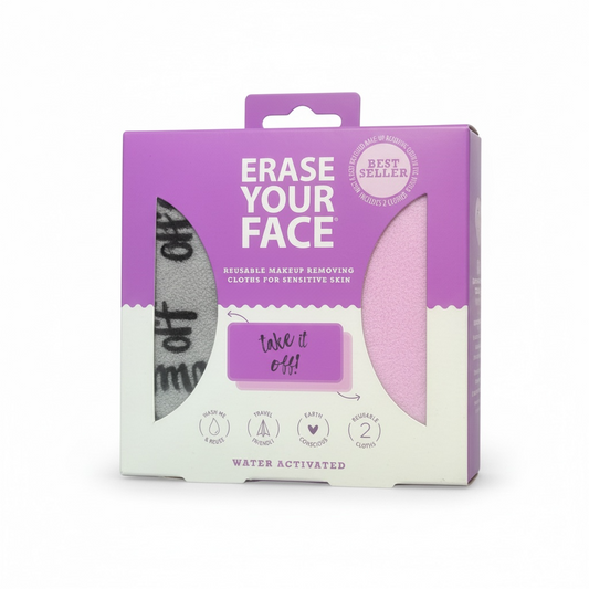 Packaging of 'Erase Your Face' reusable makeup removing cloths on a white background