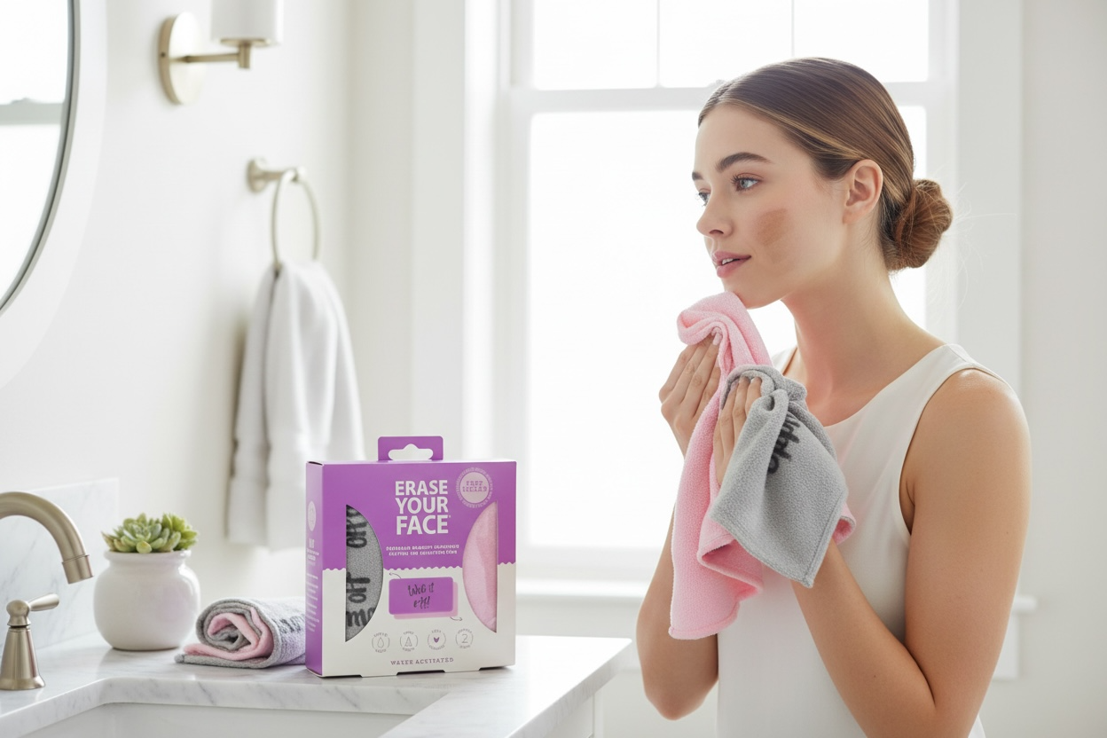 Woman holding cleaning cloths next to a box of cleaning products in a bathroom.