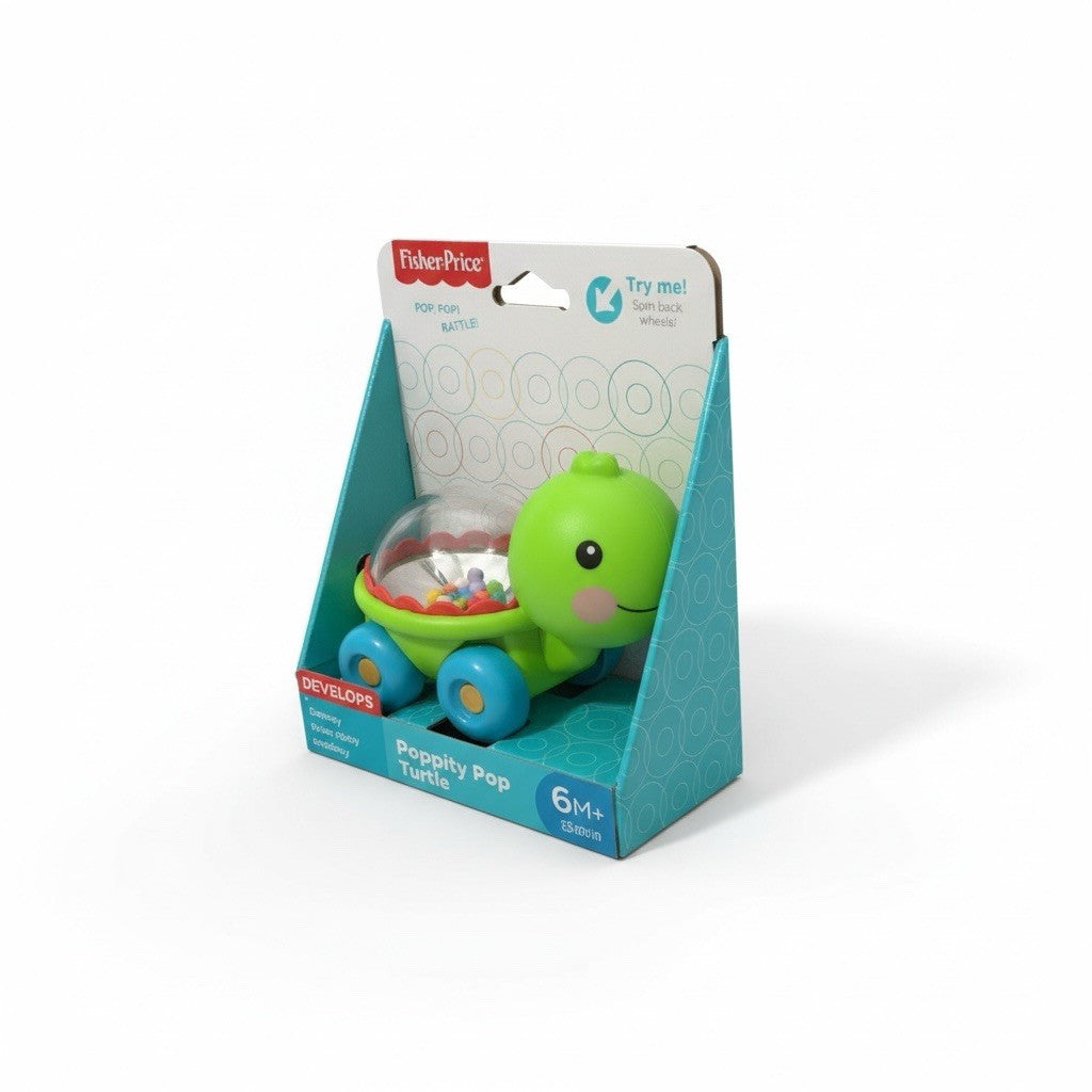 Green turtle toy with transparent shell in Fisher-Price packaging on a white background
