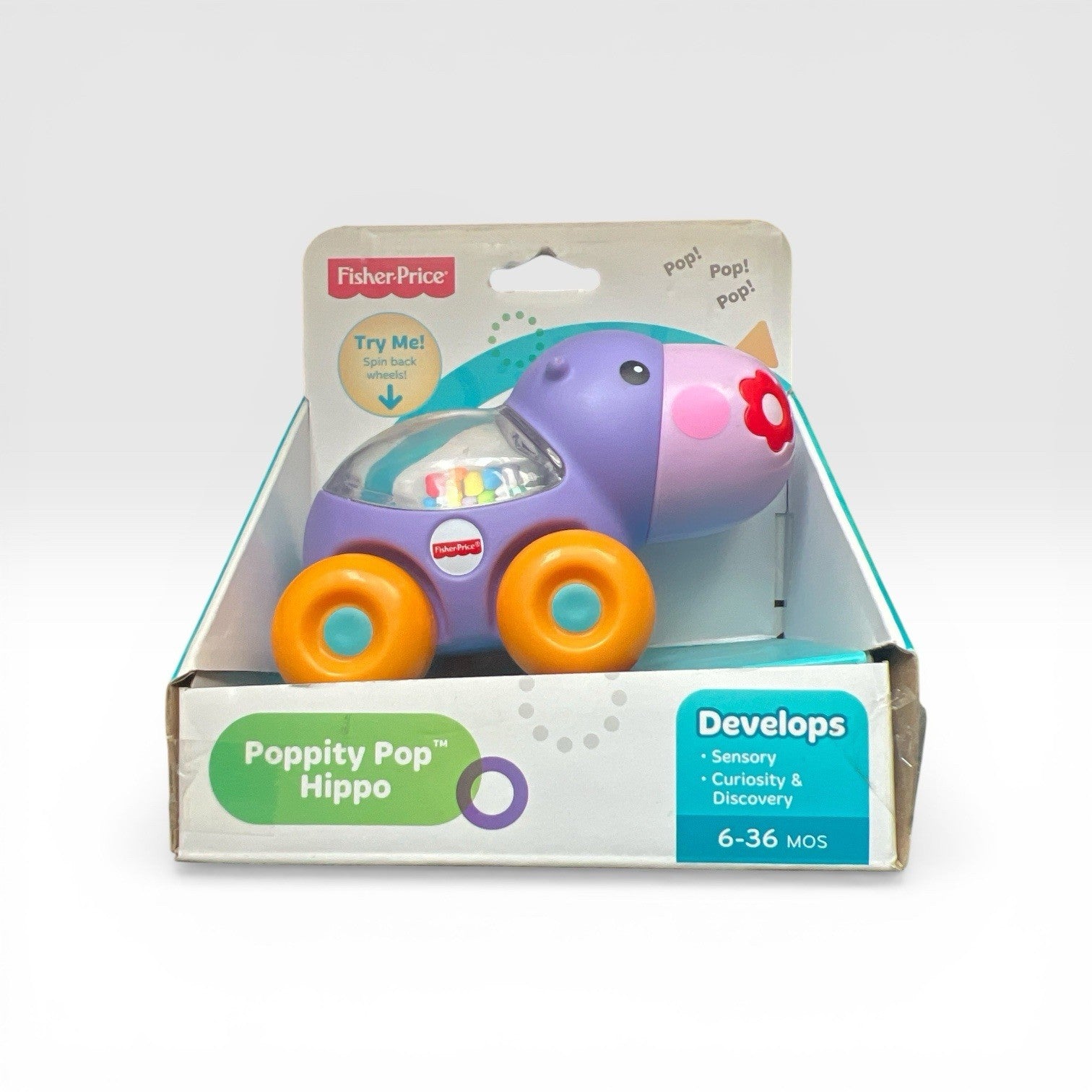 Fisher-Price Poppity Pop Hippo toy in packaging on a white background