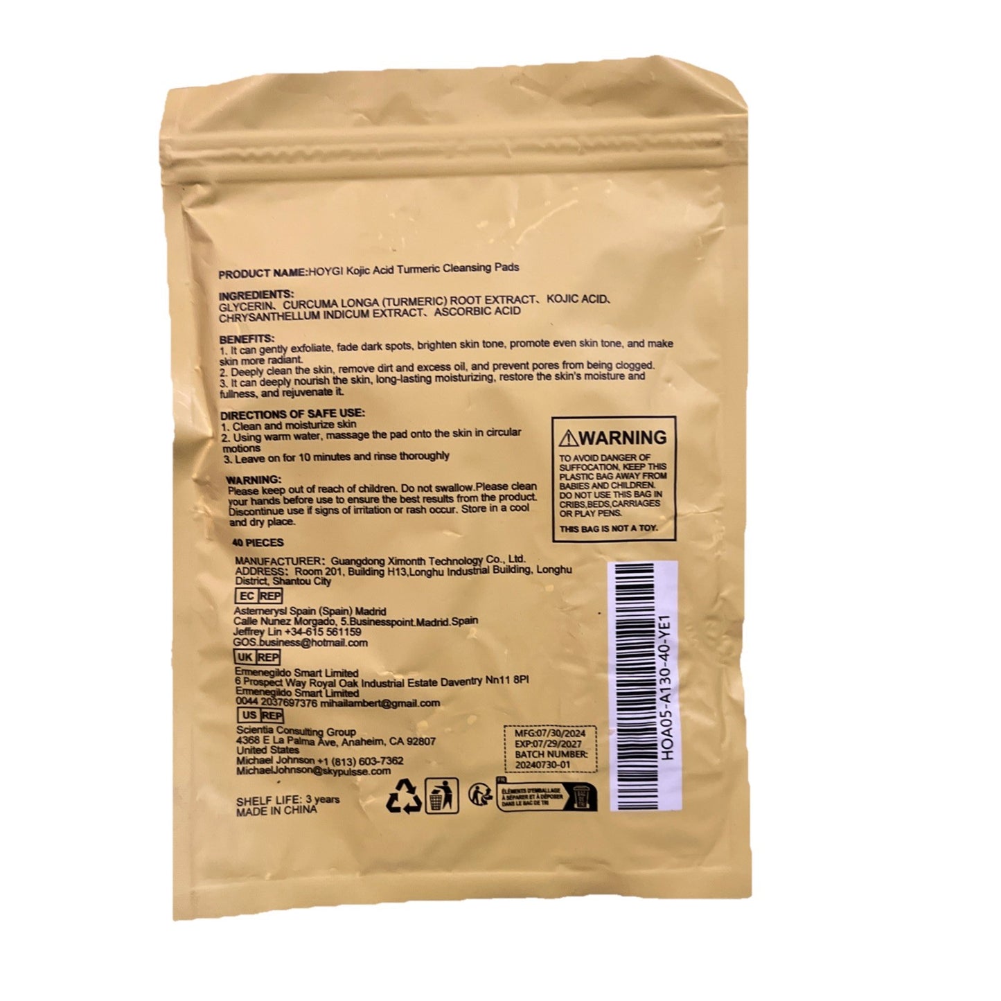 Kojic Acid & Turmeric Exfoliating Pads 40-Count by Hoygi