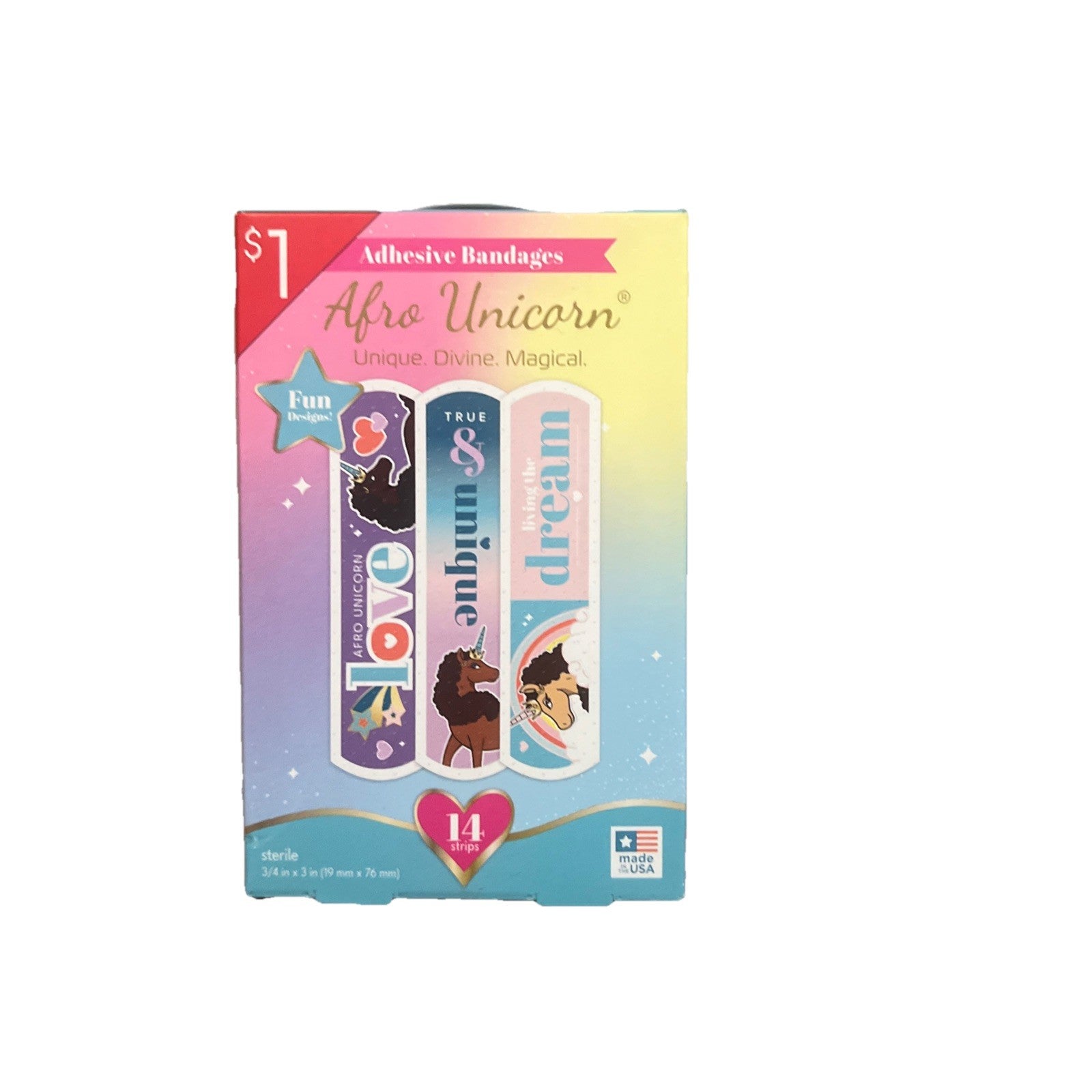 Afro Unicorn adhesive bandage packaging on a white background