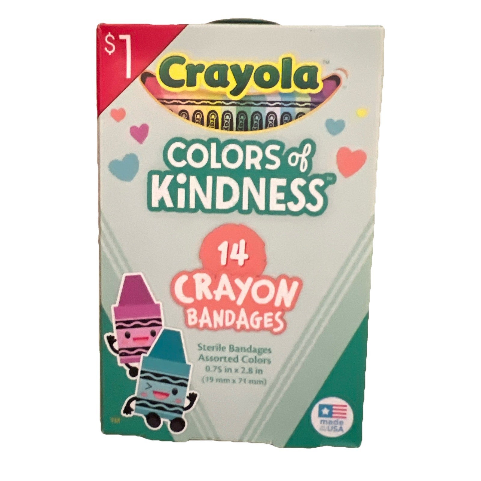 Crayola Colors of Kindness crayon bandages packaging on a white background