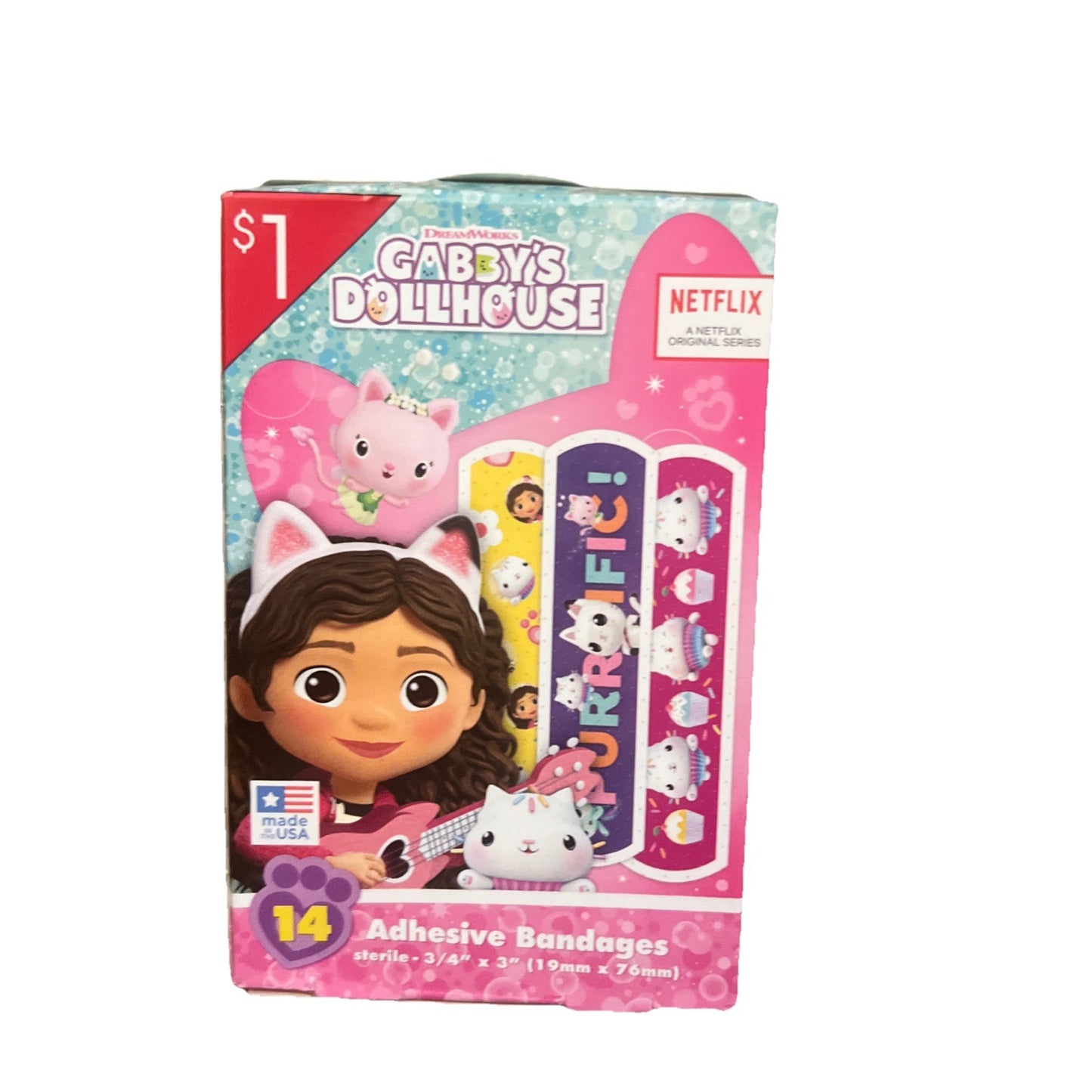 Gabby's Dollhouse adhesive bandages packaging with cartoon characters on a white background