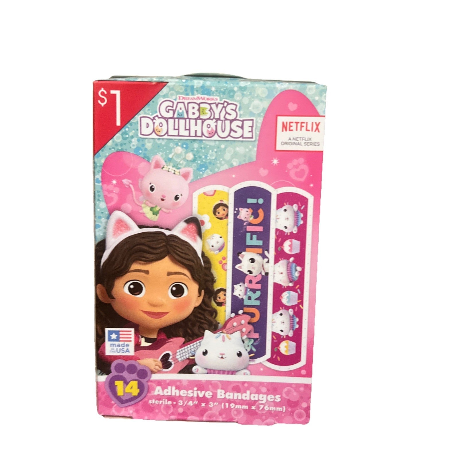 Gabby's Dollhouse adhesive bandages packaging with cartoon characters on a white background