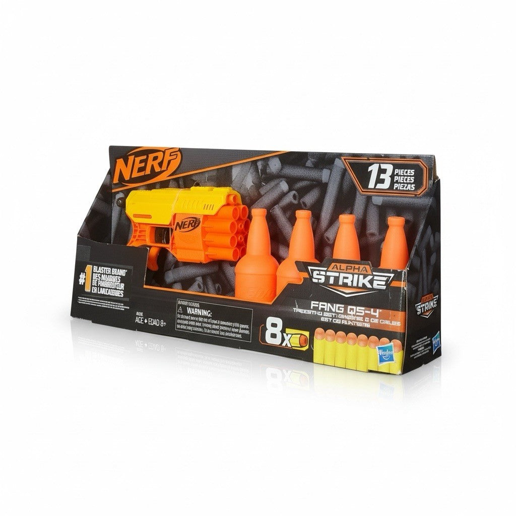 Nerf Alpha Strike Fang D-S4 blaster and darts packaging on a white background
