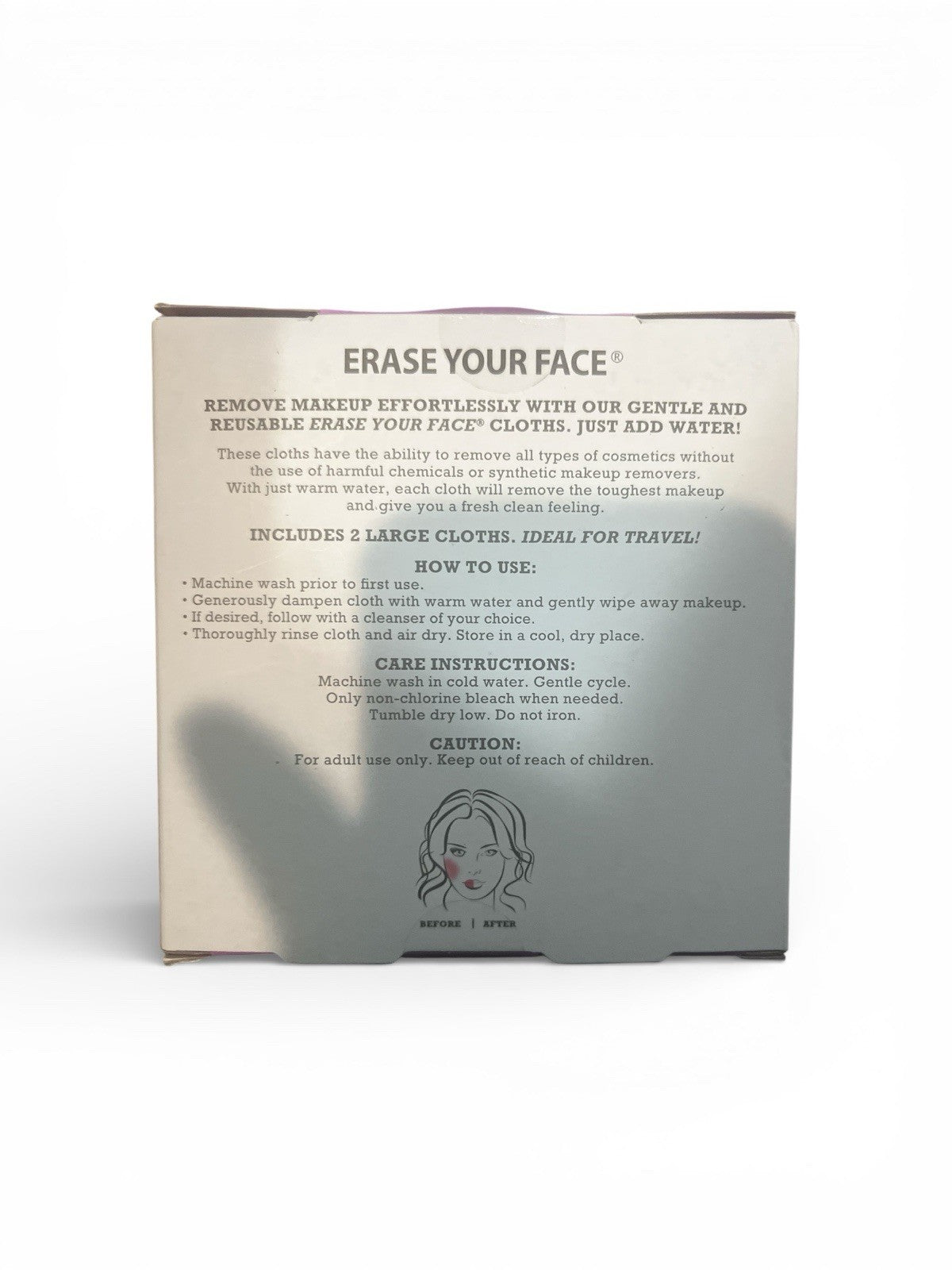 Box of 'Erase Your Face' makeup removal cloths with text on a white background
