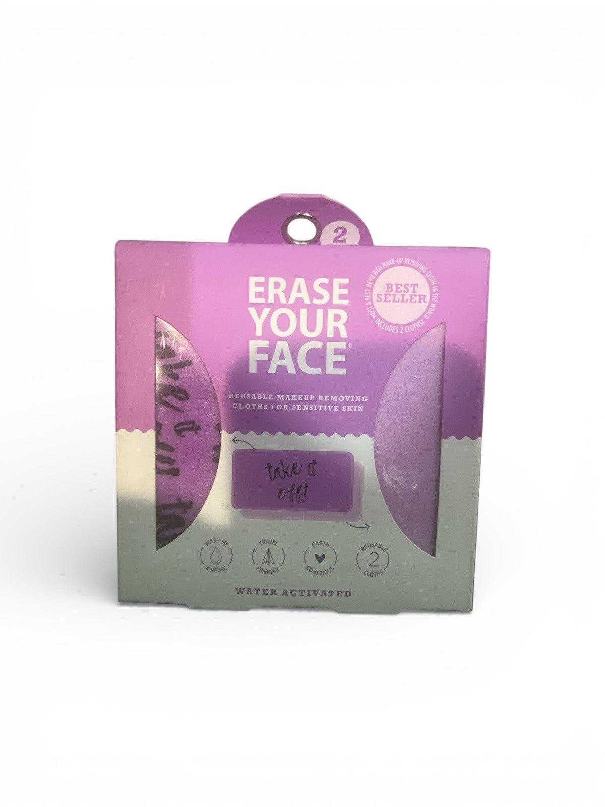 Packaging of 'Erase Your Face' makeup removing cloths with purple and gray design.
