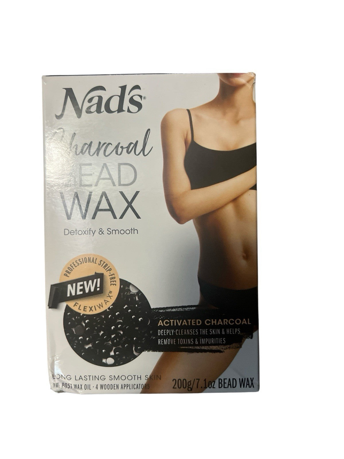 Box of Nad's Charcoal Head Wax with a person wearing a black bra on a white background
