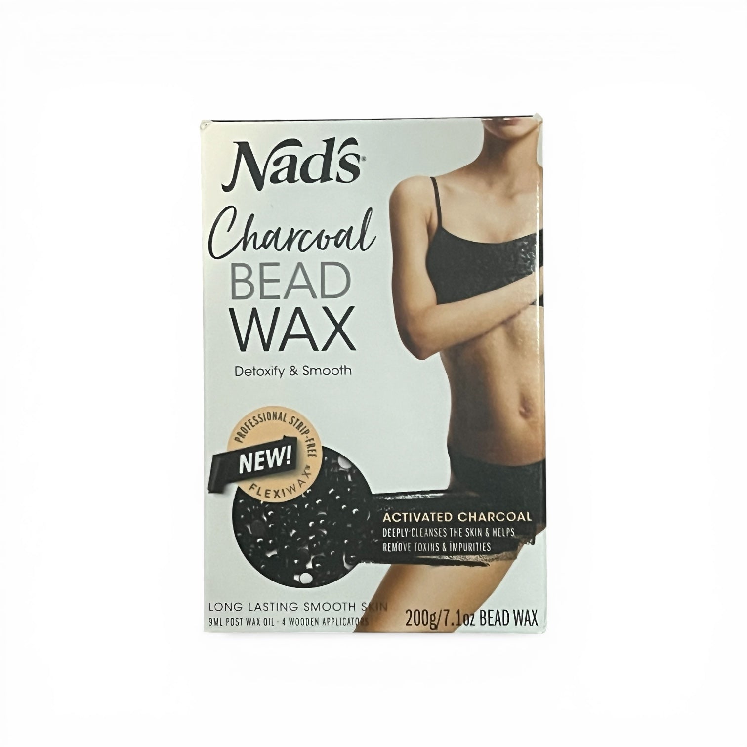 Box of Nad's Charcoal Bead Wax with a person wearing a black bra on a white background
