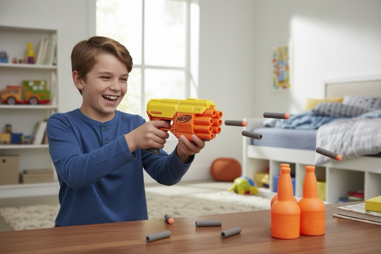 Child playing with a toy gun in a room with toys and furniture.