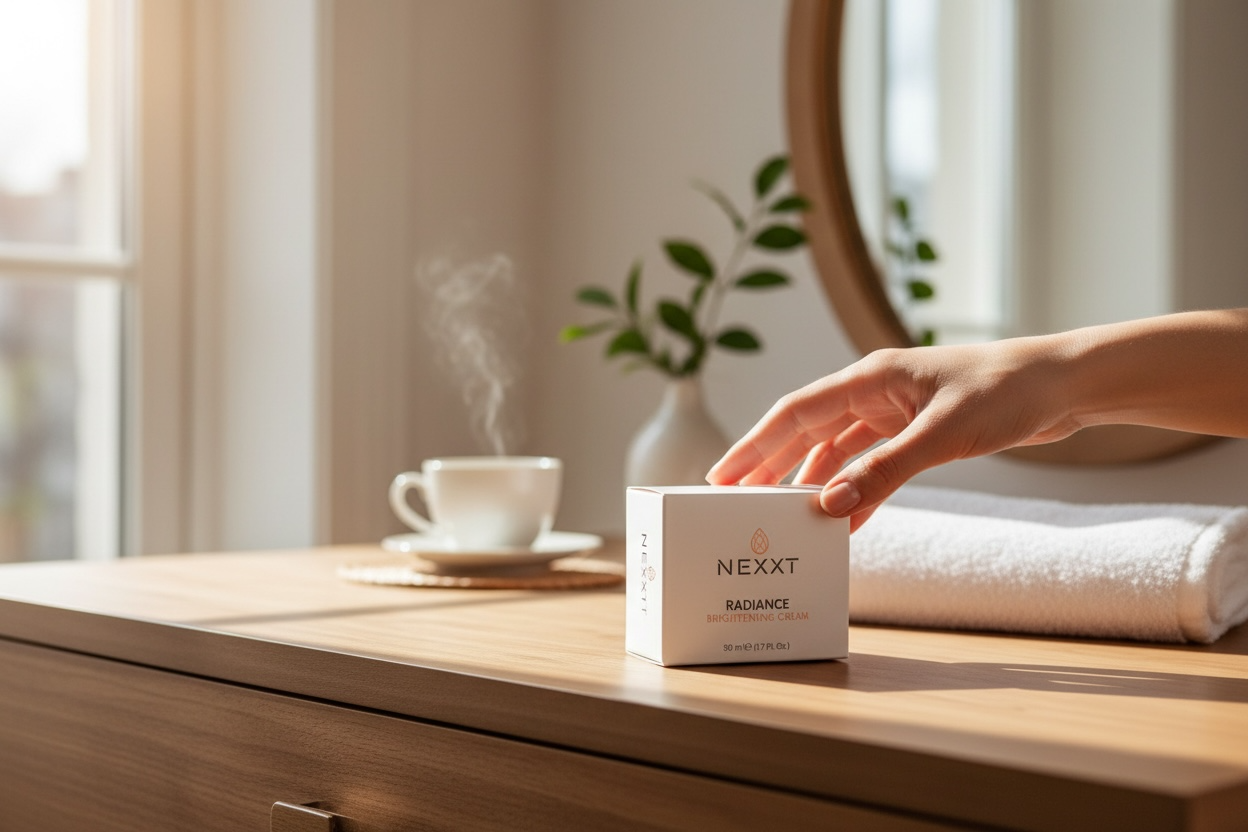 Person reaching for a Nexxt Radiance product box on a wooden surface with a cup of coffee and plant in the background.