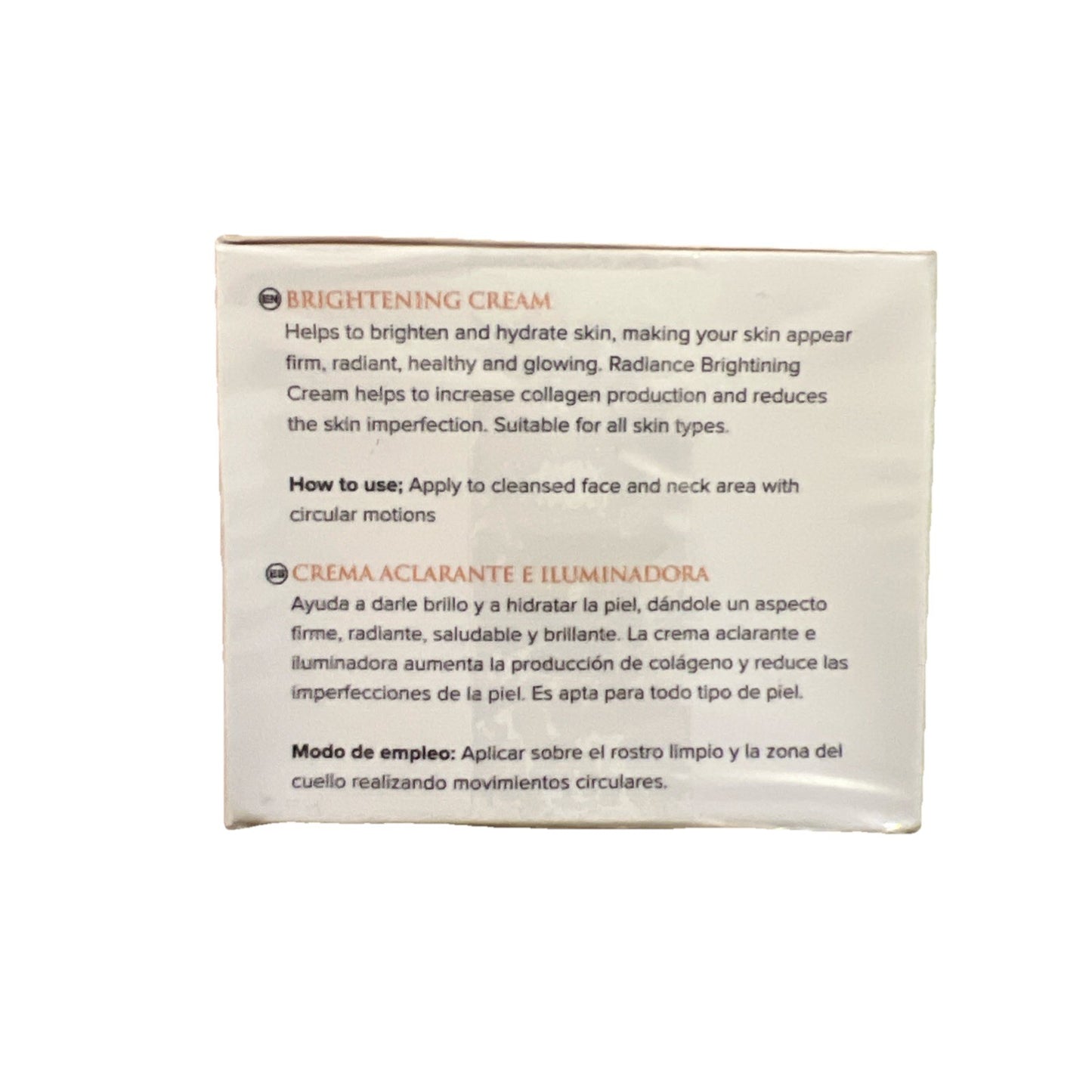 Package of brightening cream with text on a white background