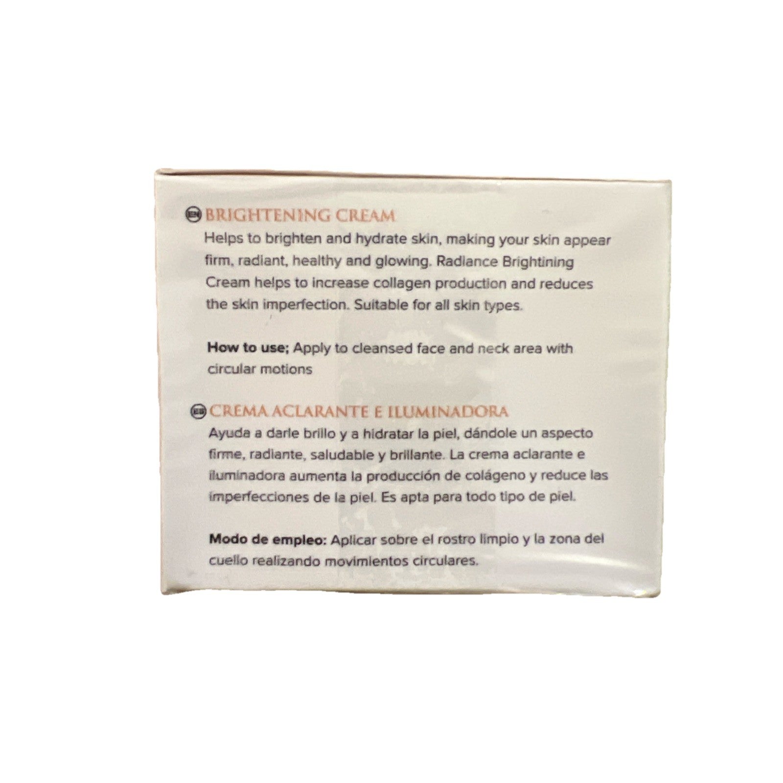 Package of brightening cream with text on a white background