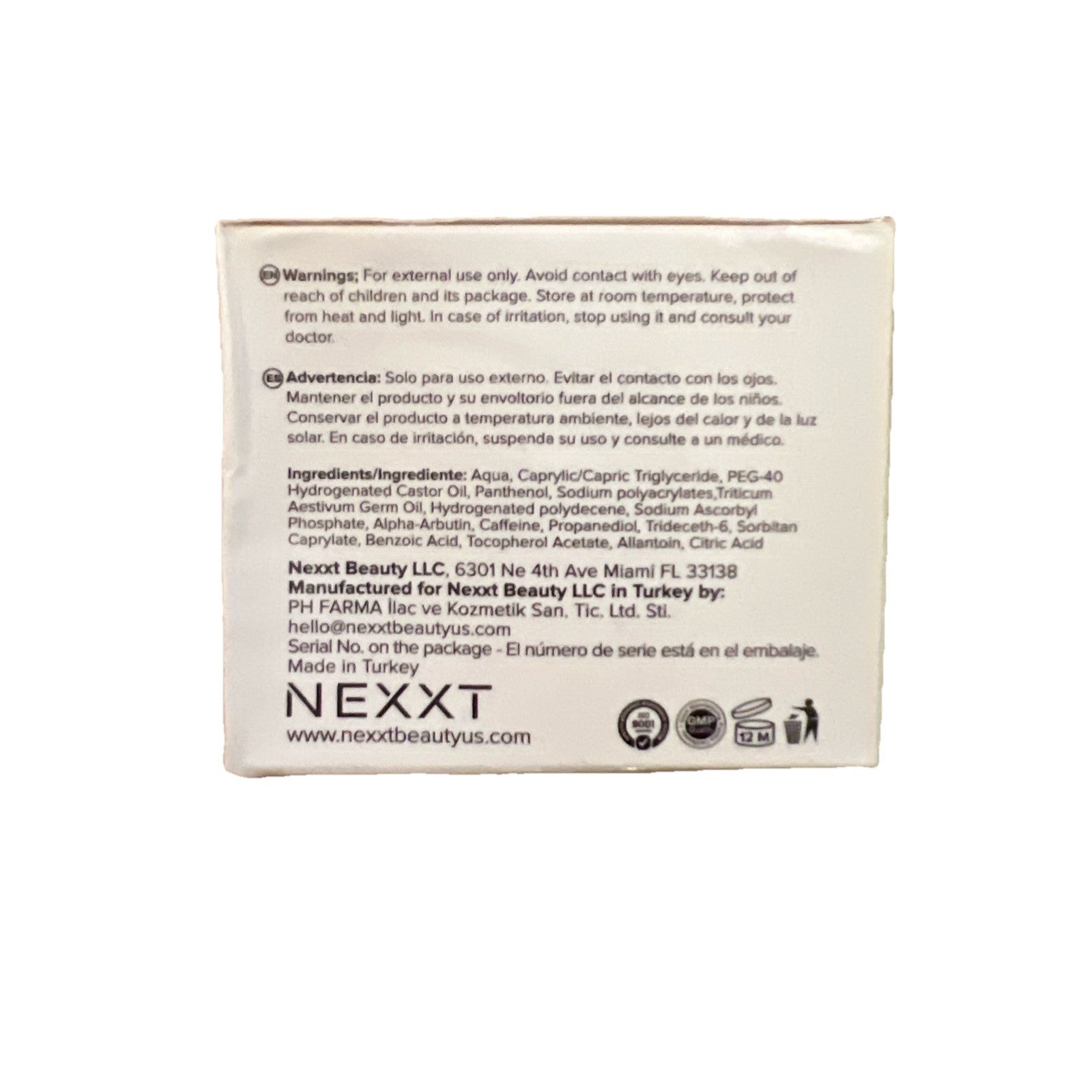 Back of a Nexxt beauty product packaging with text and branding.