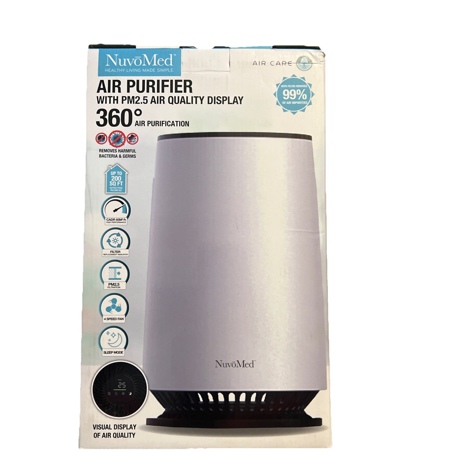 NUVOMED Room Air Purifier PM2.5 Air Quality Display 360 Degree White New In Box