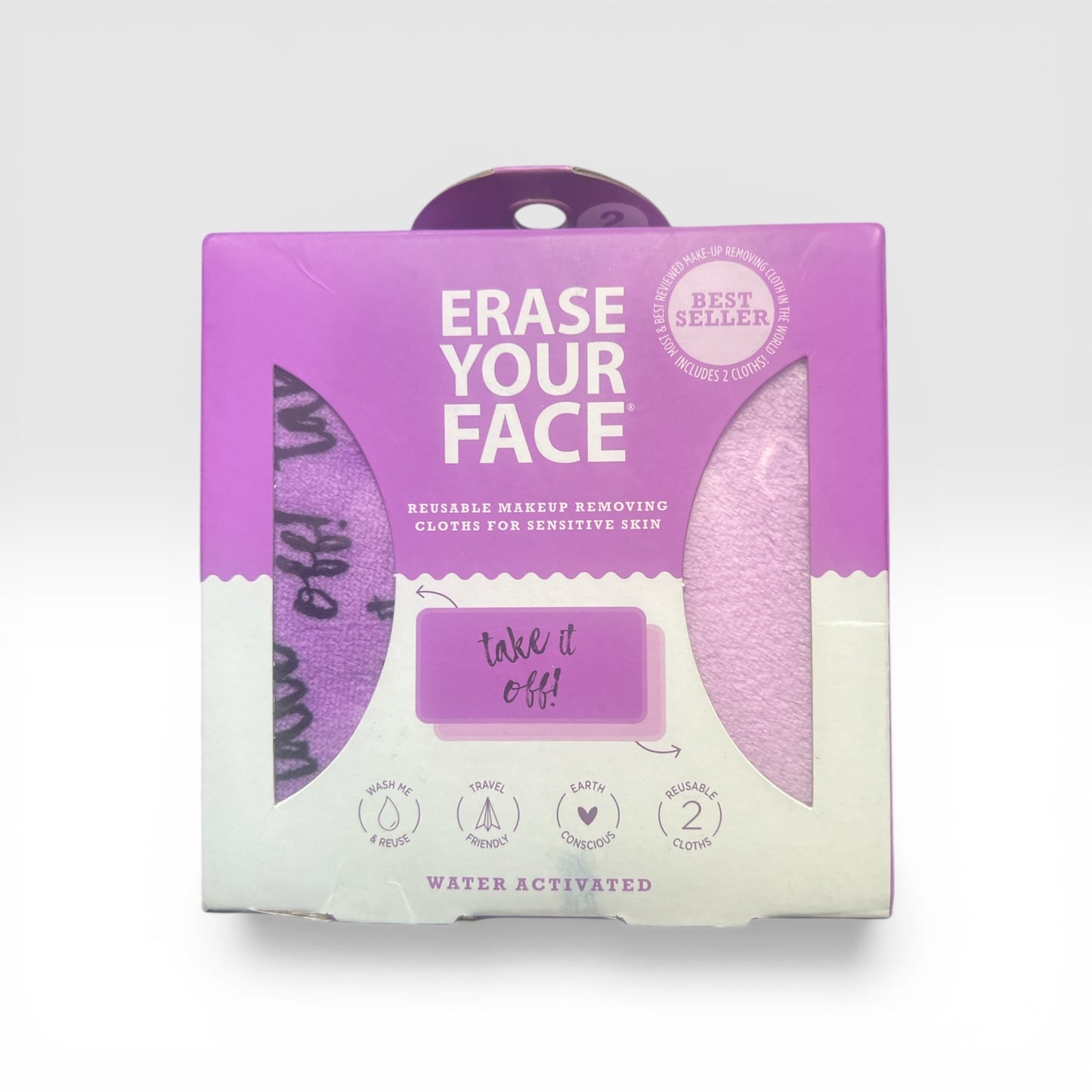 Packaging of 'Erase Your Face' reusable makeup removing cloths on a light gray background
