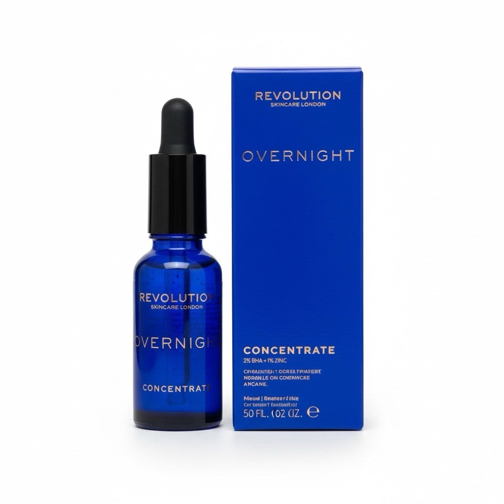 Blue skincare concentrate bottle with dropper and matching box on a white background