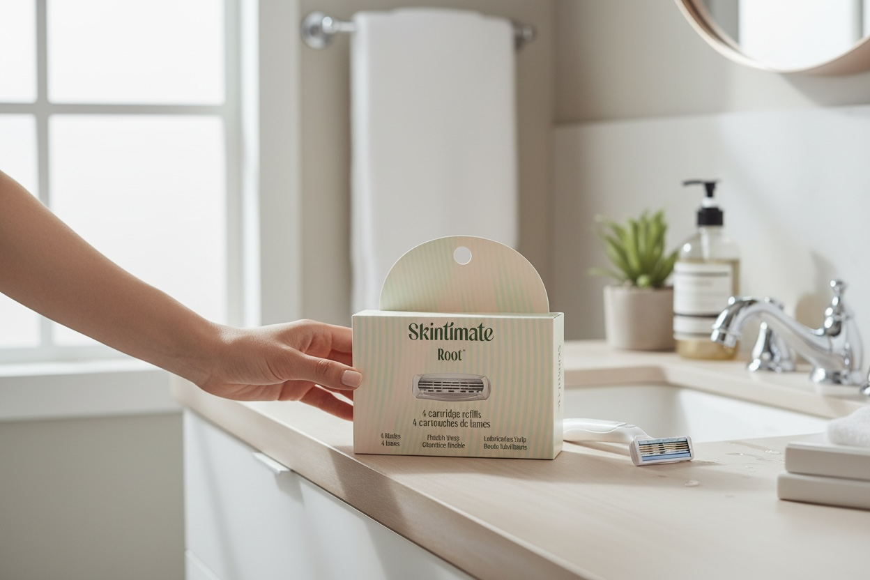 Skintimate razor packaging on a bathroom counter with a blurred background