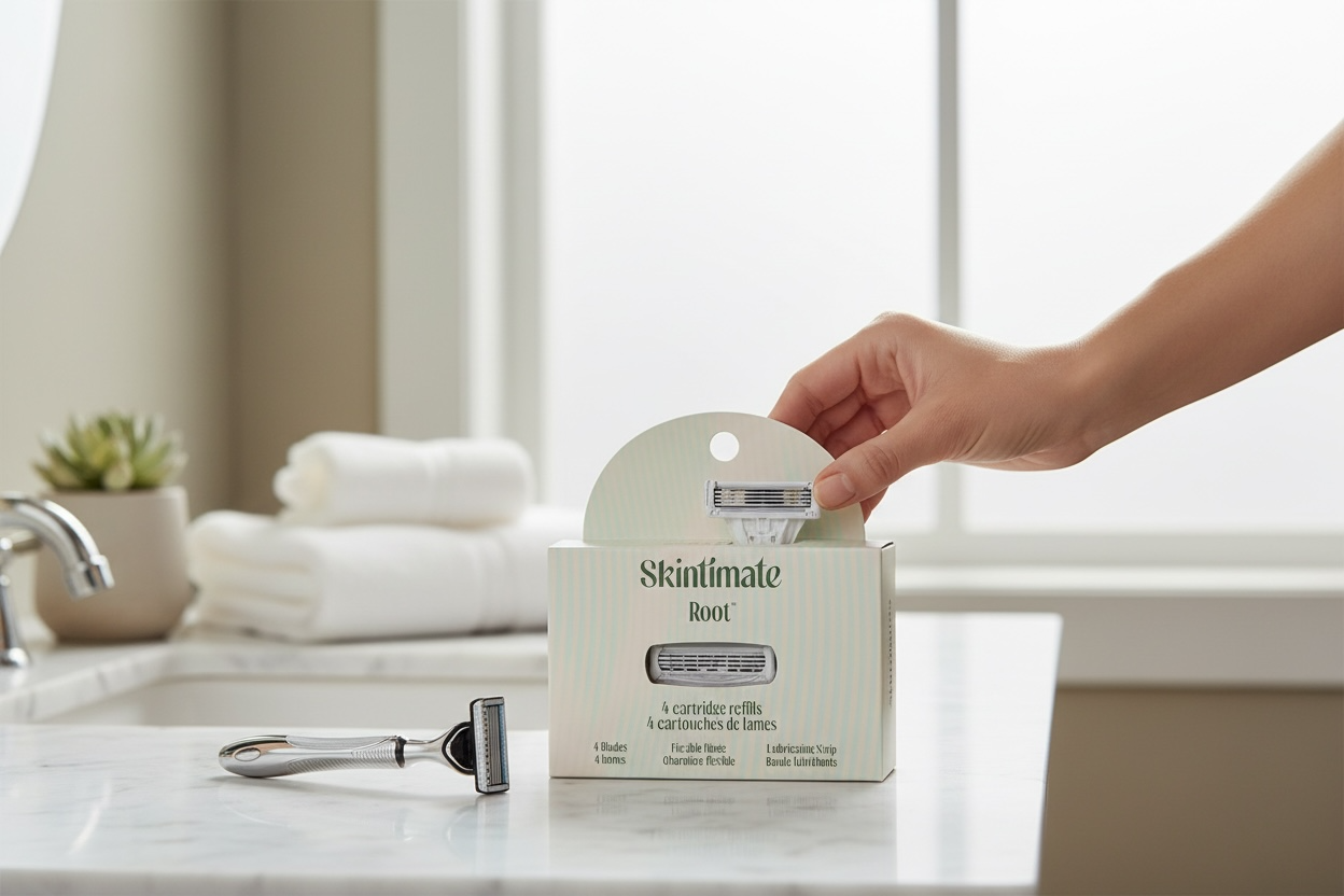 Person opening a Skintimate Root hair removal product package on a bathroom counter.