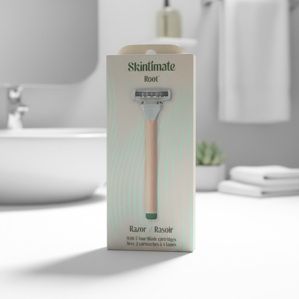 Skintimate razor packaging on a bathroom counter