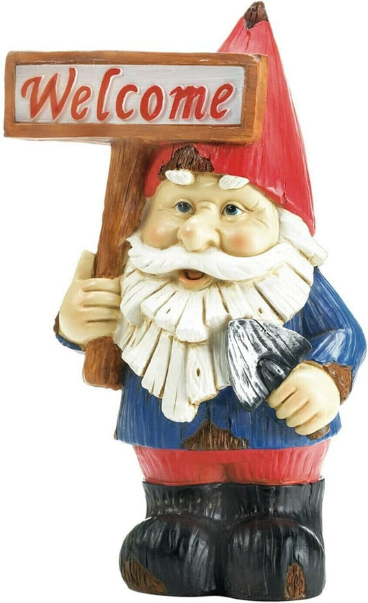 Gnome figurine holding a 'Welcome' sign on a white background