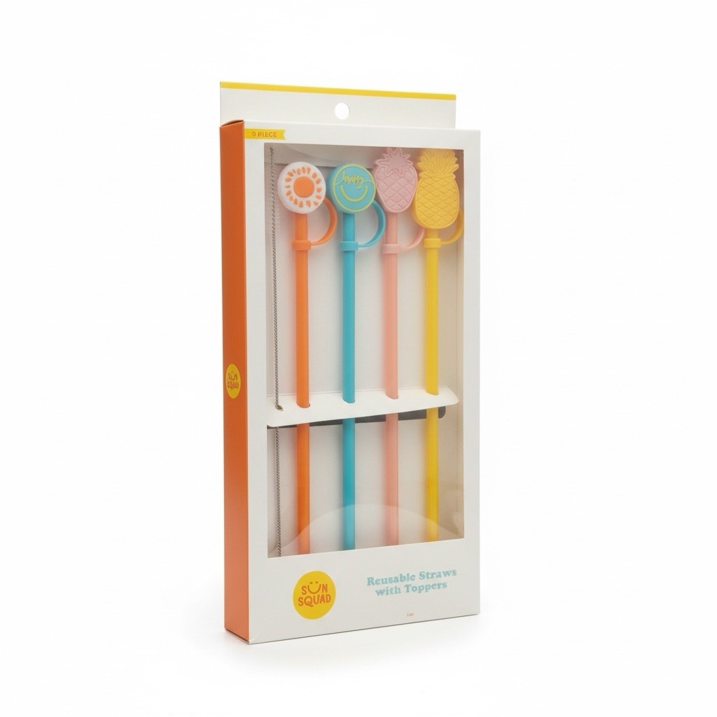Sun Squad Reusable Straws with Toppers Colorful Eco-Friendly Set