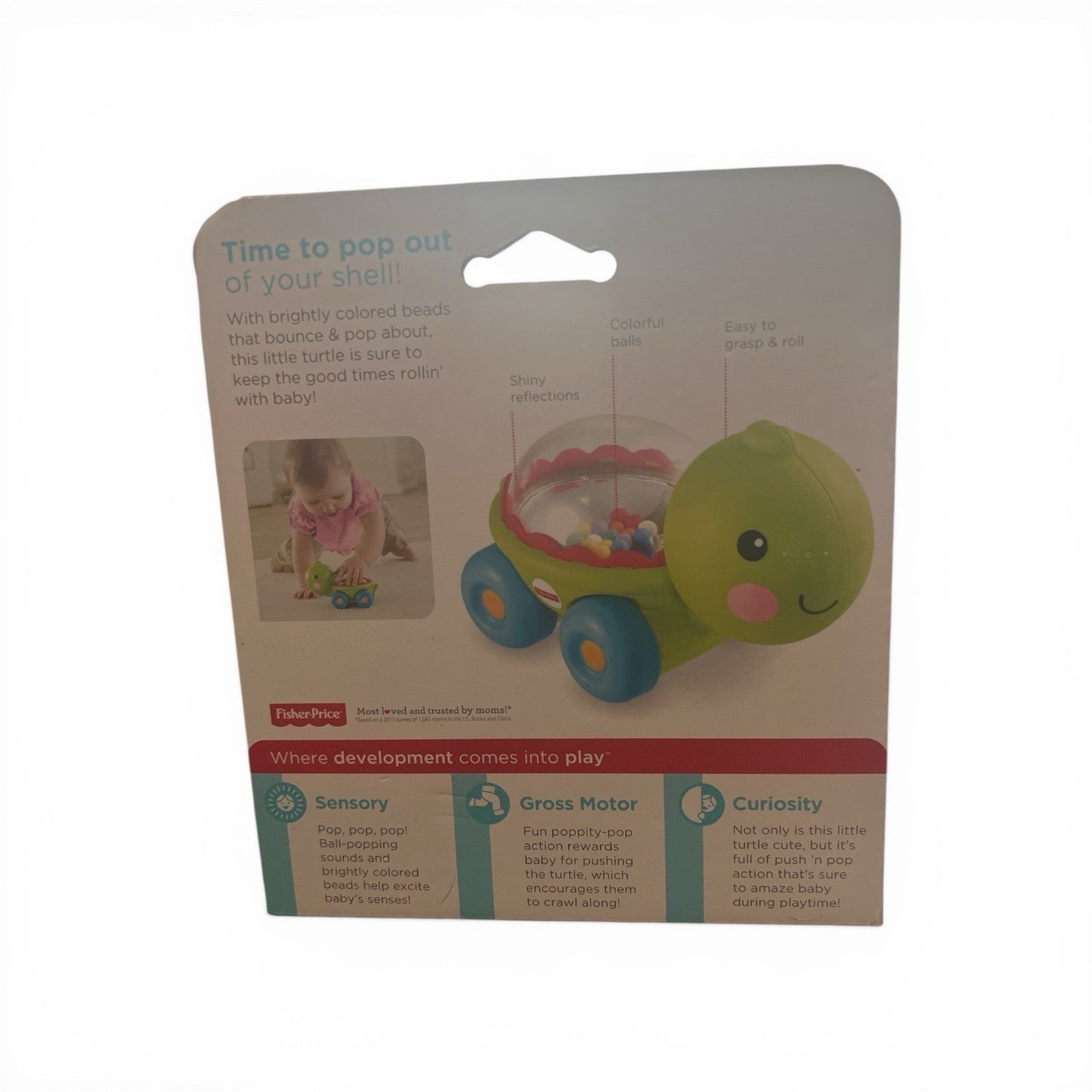Fisher-Price toy packaging with a turtle design on a white background