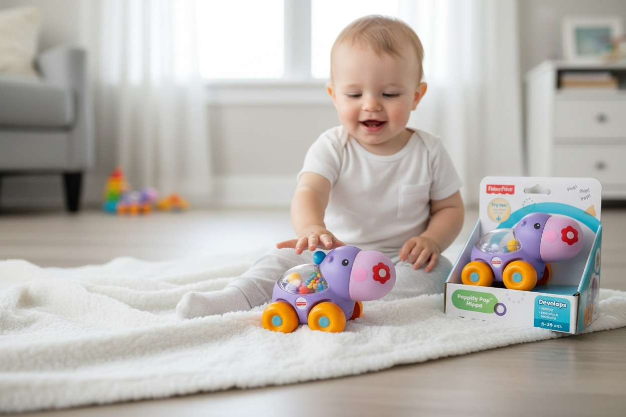 Baby playing with a toy car on a carpeted floor, with the toy car's packaging visible.