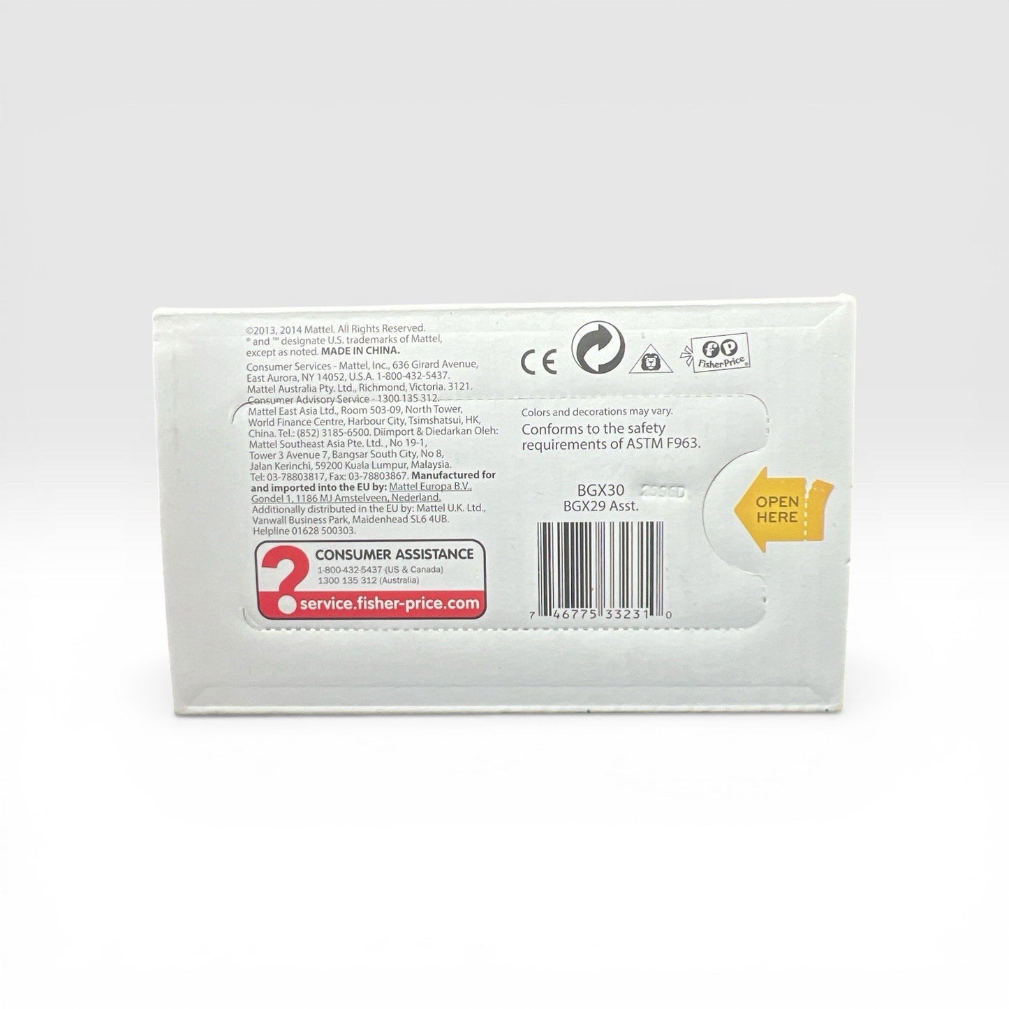 Back of a Fisher-Price packaging with text and barcodes on a white background