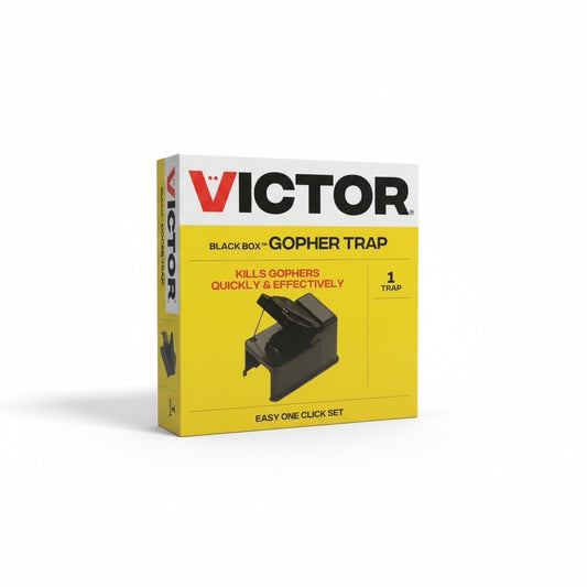 Victor black box gopher trap packaging on a white background